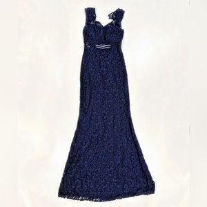 David’s bridal long formal dress navy blue lace floral sleeveless